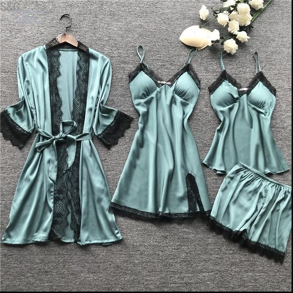 

plus size pajamas sets womens sleepwears satin silk 4 pieces nightwear pyjama spaghetti strap lace pijama, Black;red