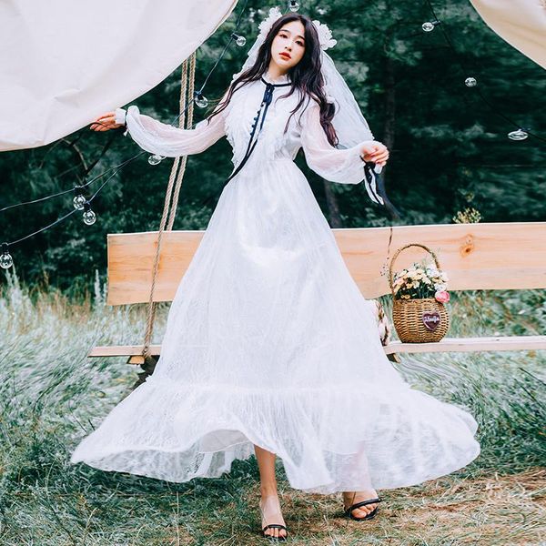 

casual dresses cwbshowgg bohemian holiday 2021 spring women's vintage dress fairy lace bow round neck fashion ladies long white, Black;gray