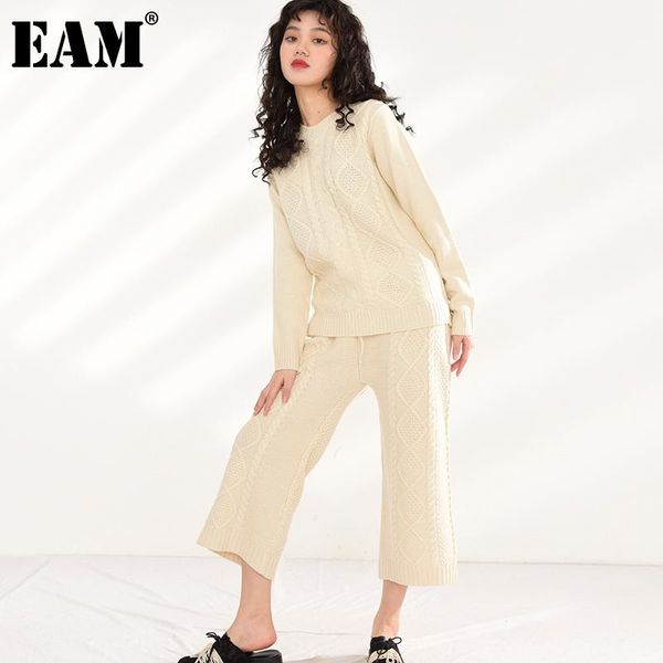 

[eam] wide leg pants knitting two piece suit round neck long sleeve black loose fit women fashion spring autumn 2021 as11670 women's, White