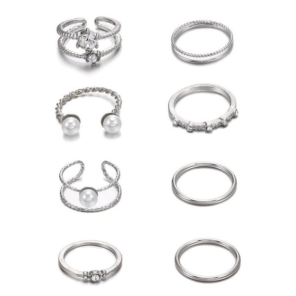 

wedding rings 8pcs/set vintage punk silver color cuff ring set for women men fashion retro pearl bead open finger party jewelry, Slivery;golden