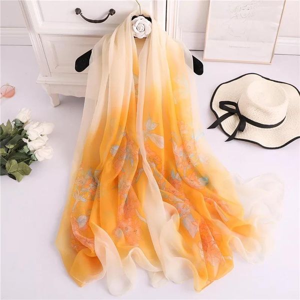 

scarves 140*180 floral print soft yarn chiffon scarf female long gradient color sunscreen beach towel shawl, Blue;gray