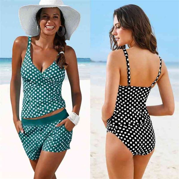 Swimwear Plus Size Mulheres Swimsuit Dois Peças Acolchoado Terno de Banho Polka Dot Cintura Alta Biquini Set Beachwear 210621