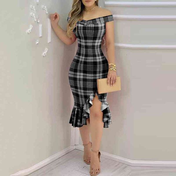 

fashion plaid off shoulder women dress ruffle hem slit elegant party female high waist ruffles irregular midi, Black;gray