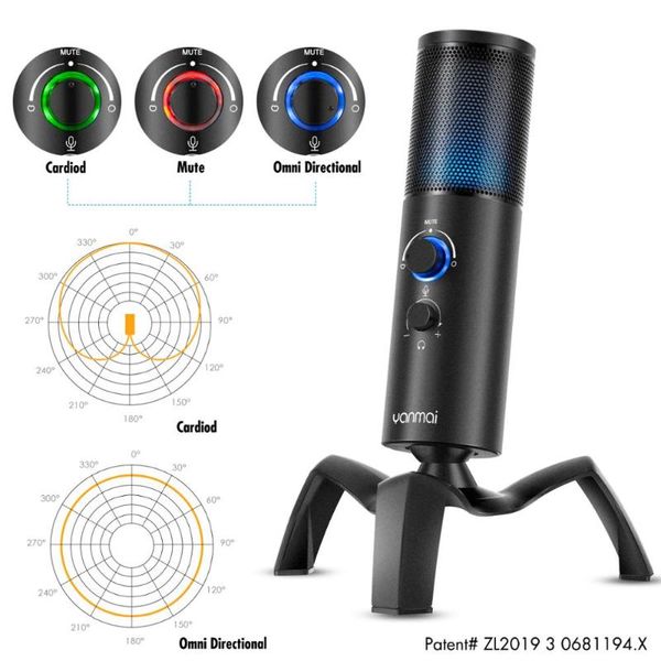 

profession omnidirectional/cardioid condenser microphone with tripod stand rgb light usb for pc computer gaming mic microphones