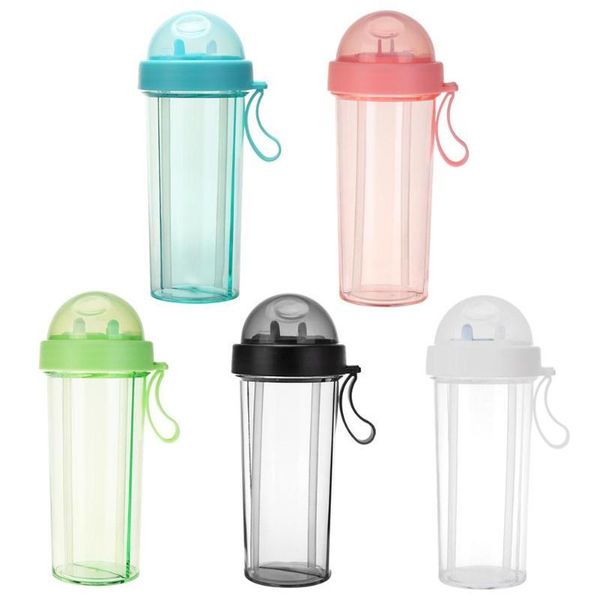 

water bottle portable double straws outdoor travel leak proof dual-use cup