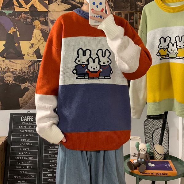 

2021 autumn and winter new korean version of the trend of color matching wild round neck casual knitted sweater men, White;black