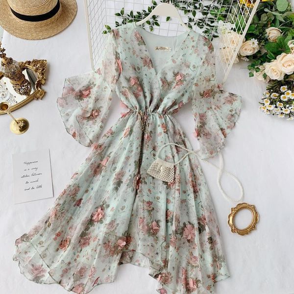 

women chiffon womens dress summer v neck flare sleeve floral sweet tulle elegant ladies irregularity robe, Black;gray