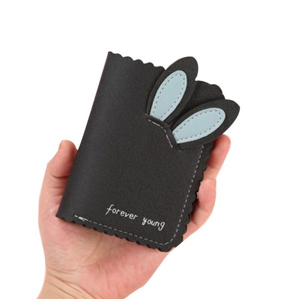 

card holders women's vertical mini small ears wallet black leather cards holder design cartoon purse girls money clip clutch case, Brown;gray