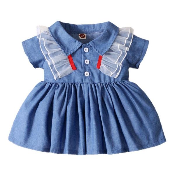 

girl's dresses summer casual patchwork dress baby girls solid print short sleeve kids denim 0-24m, Red;yellow