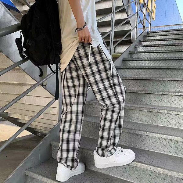 

men's pants joggers black white plaid men japanese style baggy wide summer harajuku oversize casual streetwear trousers male