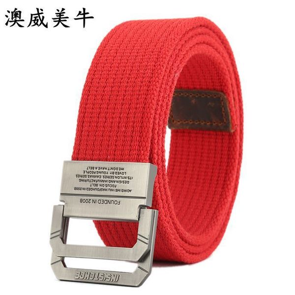 

durable fashion the felt double loop button layer leather canvas belt men's young student pure cotton junior jeans trendy, Black;brown