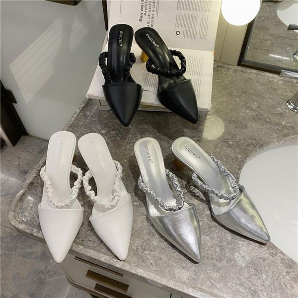 

dress shoes boussac geometric metal heel women mules pointed toe pleated high heels silver elegant, Black
