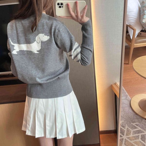 

21 autumn aging tb back dog pattern v-neck loose wool knitted cardigan sweater coat women, White;black