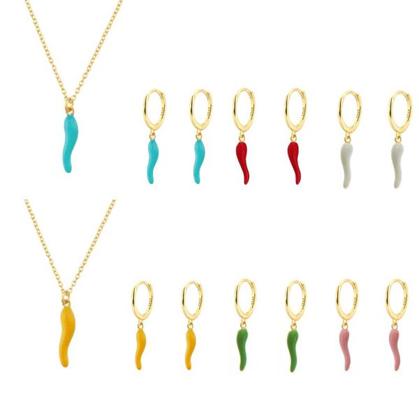 

earrings & necklace filled enamel cute colorful chili pendant drop women fashion gold color chains necklaces jewelry set for, Silver