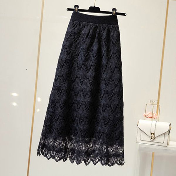 

skirts double-side wear knit skirt spring autumn women's mid-length hook flower lace pack hip thick winter 0984, Black
