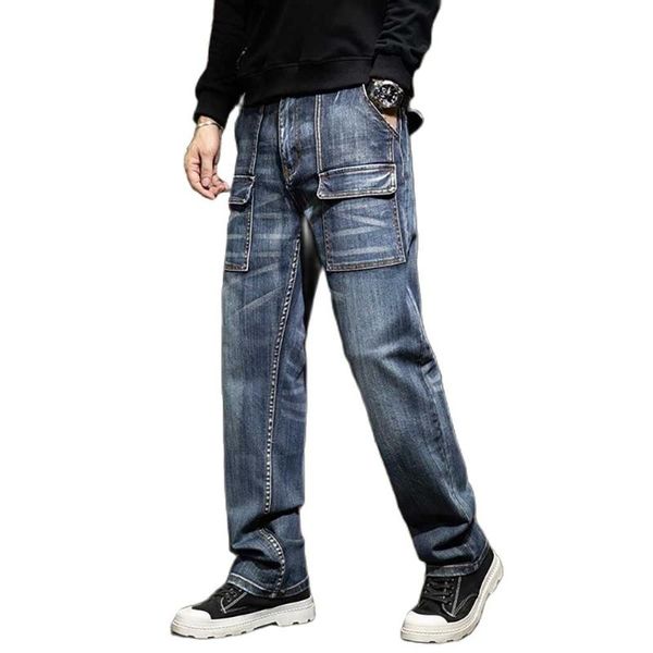 

men's jeans fashion cargo denim men casual straight loose baggy hiphop harem trousers streetwear plus size clothing, Blue