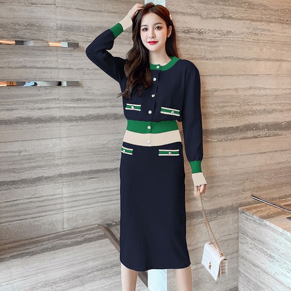 

korean knitted 2 piece skirt sets women single-breasted splicing sweaters + elastic force skirt suits casual fashion elegant set, White;black