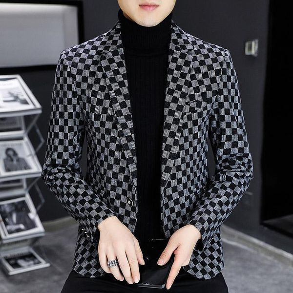 

men's suits & blazers autumn winter mens suit jacket luxury fashion personality fit leisure comfort classic plaid british blazer coat, White;black