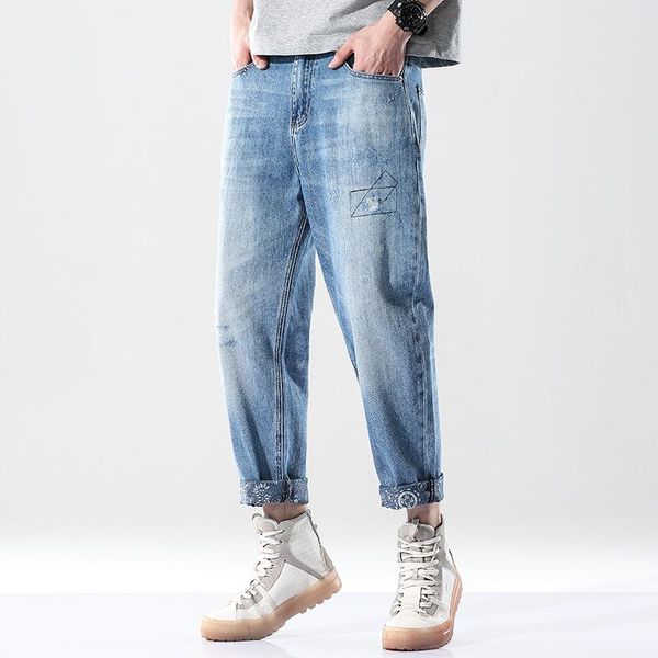 

spring and summer japanese korean casual men's trend loose straight hole all-match plus size harlan jeans, Blue
