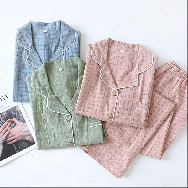 

water washing cotton long sleeved women sleepwear pants pajamas loungewear plaid autumn lapel pure home clothes, Black;red