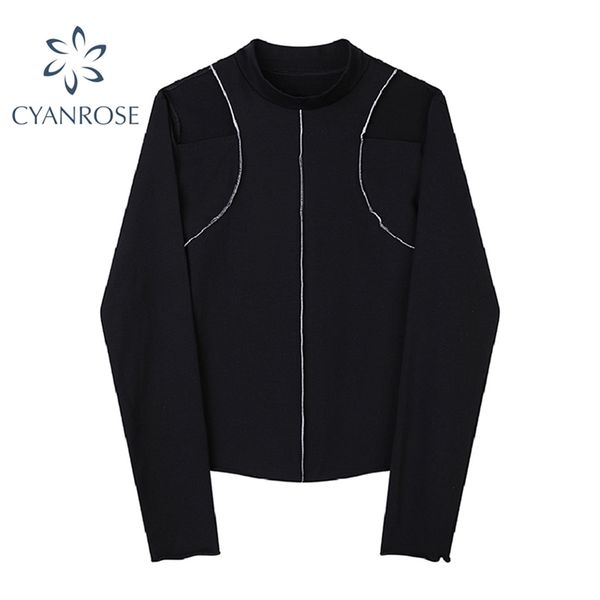 

spring black skinny for ladies stitched design high street fashion t shirt stand collar chic long sleeve ins tide tees 210430, White