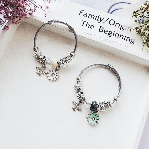 

bangle stainless steel bracelet diy beaded small daisy flower pendant open, Black