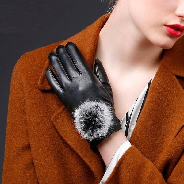 

cycling gloves touch screen pu leather women winter mittens warm for woman guantes mujer european style gants femme, Black