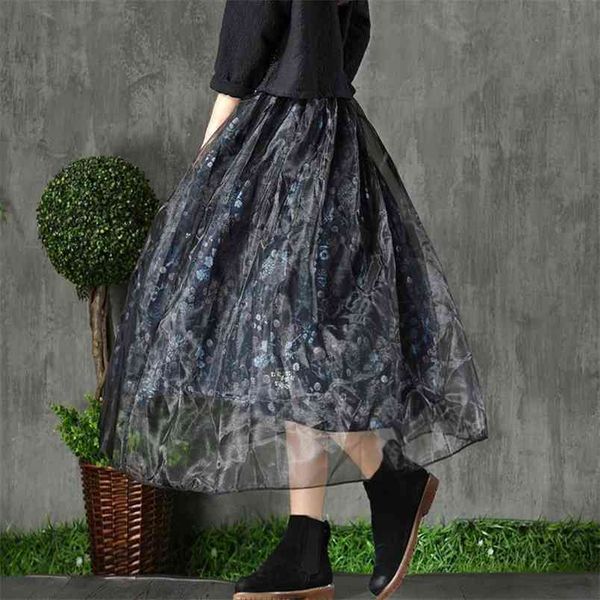 

spring summer arts style women high waist organza a-line long skirt cotton linen flower print vintage skirts s300 210512, Black