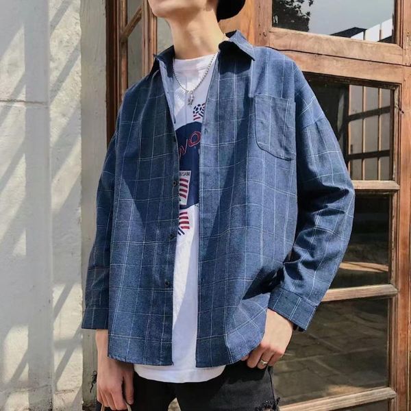 

men's casual shirts 2021 long sleeve student korean fashion loose lattice clothes printing youth multicolor coats, White;black