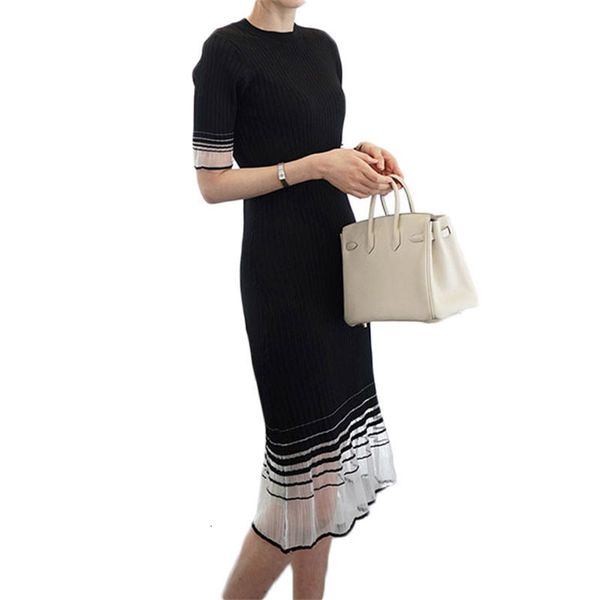 

summer knitted korean thin short sleeve midi dress for fashion women crocheted bodycon shredded black apricot f775 keo2, Black;gray