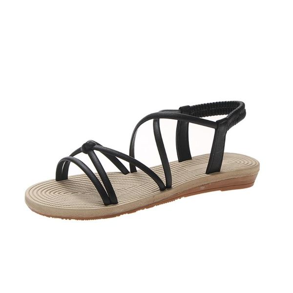 

womens sandals summer casual simple round toe breathable comfortable beach cross open elastic strap flat shoes x1221, Black