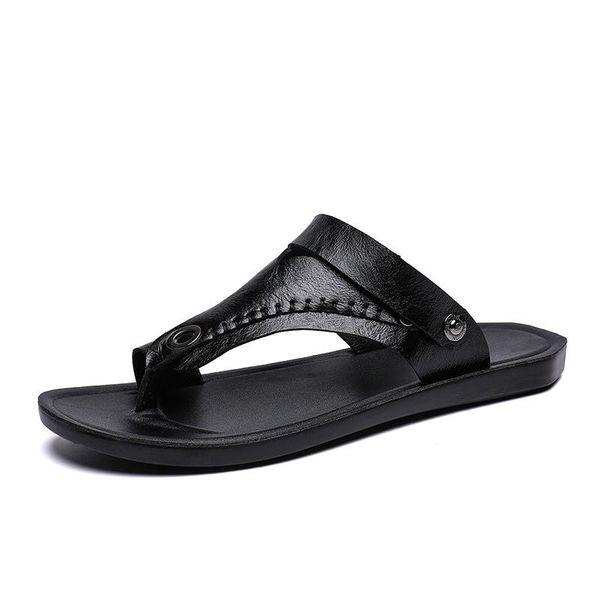 

slippers 2021 style men summer casual leather beach shoes cowhide slides split toe flip flops, Black