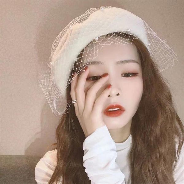 

chic wool blend vintage london beret with veil mesh show double layer women beanies cap for ladys banquet, Blue;gray