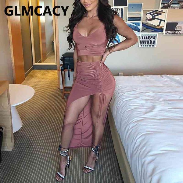 

women two piece dress suits sleeveless crop & slit midi skirt set 210702, White
