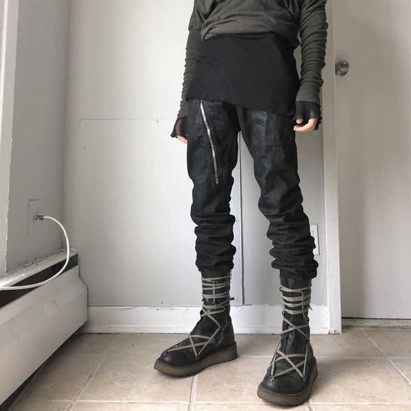 

fashion outlet pioneer dark inclined zipper cut waxed pants ro style coating slim fitting corset men's casual pants r952 4riy, White;black