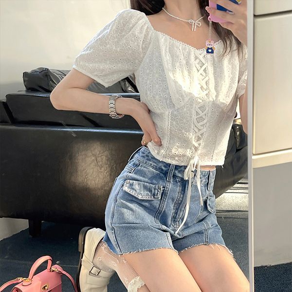 

popular french style sweet square collar blouse all-match puff sleeve blusas 2021summer slimming short pure clour elegant shirt, White
