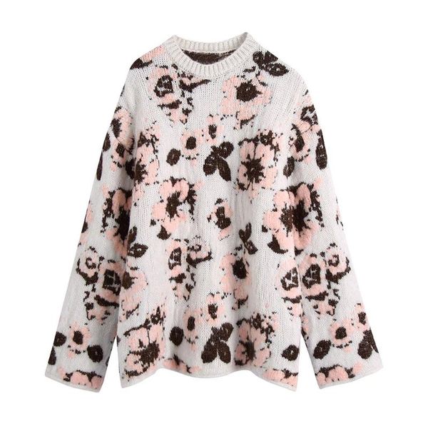 

women's sweaters clazzaa women vintage floral jacquard knit sweater long sleeves o-neck knitwear casual knitted pullover woman, White;black