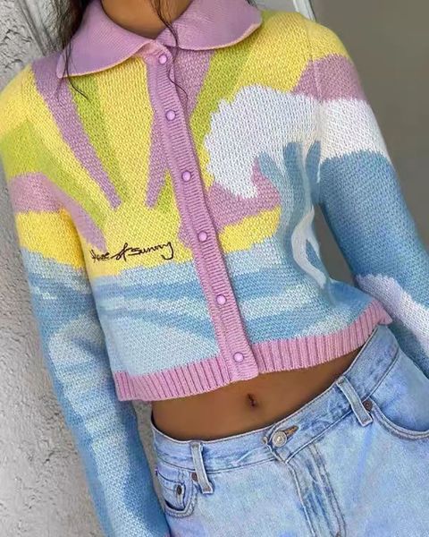 

holiday wind sunrise wave lapel knit cardigan women's short age reduction letter embroidery repair contrast color sweater, White