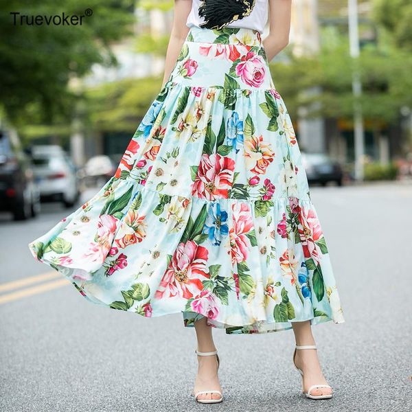 

truevoker designer resort skirt women's high street fashion floral printed mid calf sicily party skirts, Black