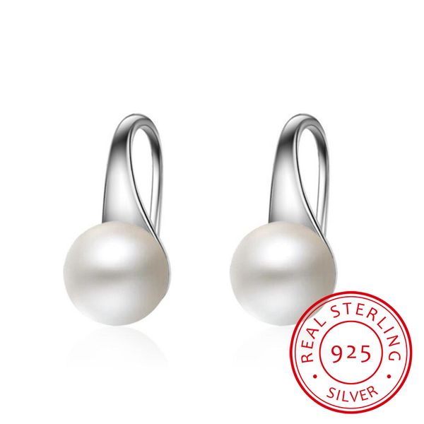 

pure 925 sterling silver earrings drop women round natural freshwater pearl hook dangle earring ear drops brincos de prata, Golden