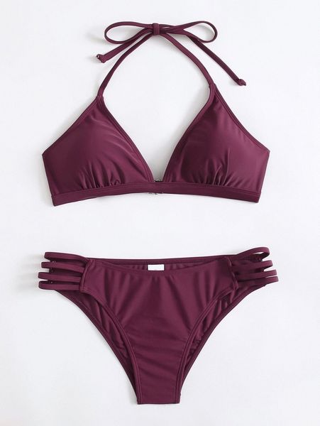 

solid cut out halter bikini swimsuit e2vn#, White;black