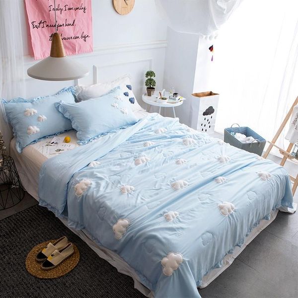 

comforters & sets princess style blue white cloud three-dimensional patch embroidery air condition summer quilt comforter pillowcase blanket