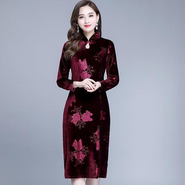 Vestidos casuais 2021 Autumn Sexy Women Velvet Dress Vintage estilo chinês Cheongsam Collar Slave Longa Party Bodycon elegante