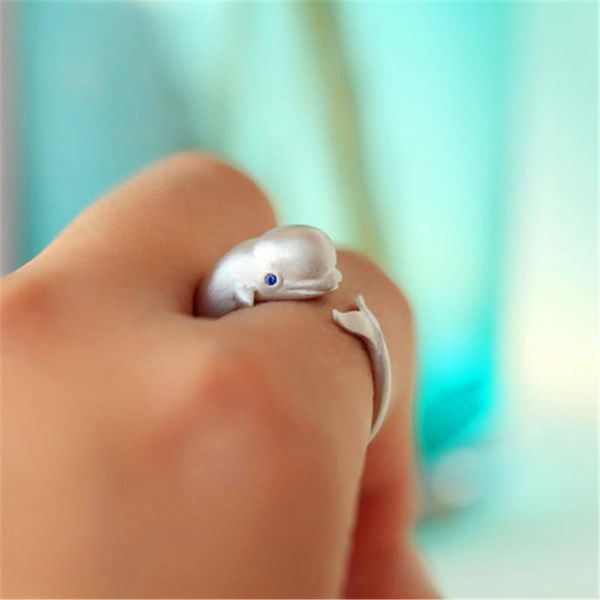 

wedding rings sea breath lovely sweet white whale 925 pure silver blue zircon ring opening adjustable for women bridal fashion jewelry, Slivery;golden