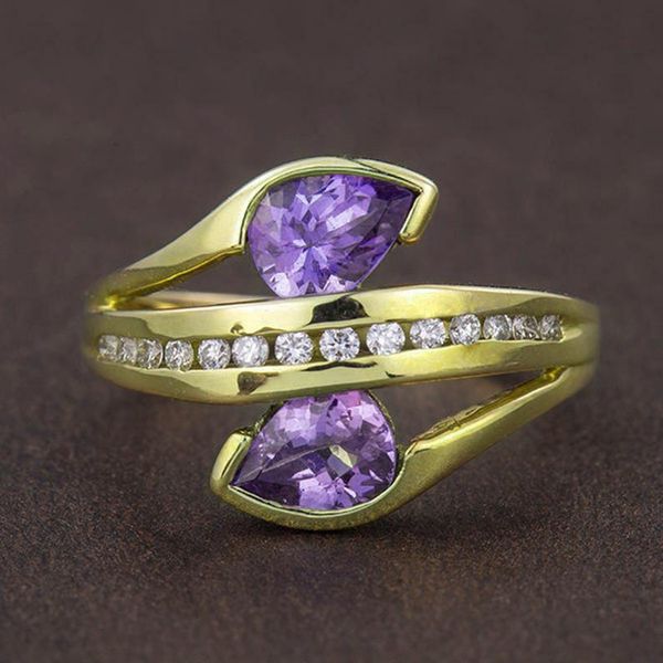 

wedding rings vintage female leaf purple crystal party ring classic gold color thin for women luxury zircon bridal, Slivery;golden