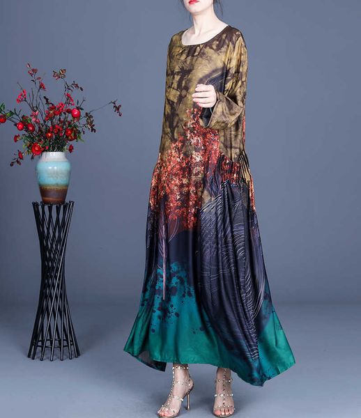 

spring and summer fashion comfortable loose nine-point sleeve dress elegant retro printing stitching v-neck female 210615, Black;gray