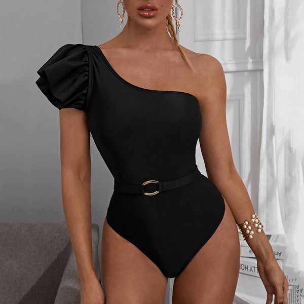 

new 2021 ruffled one shoulder one piece swimsuit women thong swimwear female bather monokini high cut bathing suit swim bodysuitin