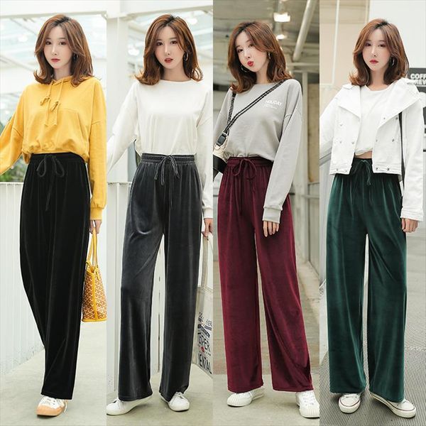 

fashion wide leg autumn womens capris casual solid pleuche high waist long loose trousers femme plus size, Black;white