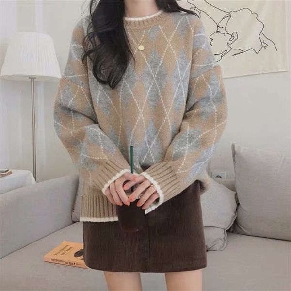

sweater women's loose korean autumn and winter rhombus plaid western style soft milk blue bottoming shirt women 210427, White;black
