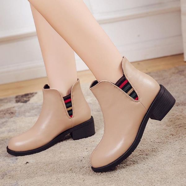 

boots pu leather woman shoes british style with warm plush low heels autumn winter short ankle chaussures femme, Black